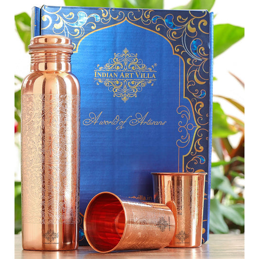 Pure Copper Embossed Leak Proof Water Bottle & Two Glasses with a Gift Box