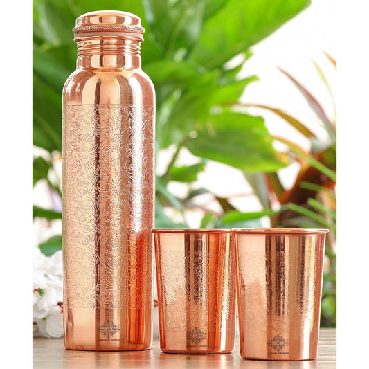 Pure Copper Embossed Leak Proof Water Bottle & Two Glasses with a Gift Box