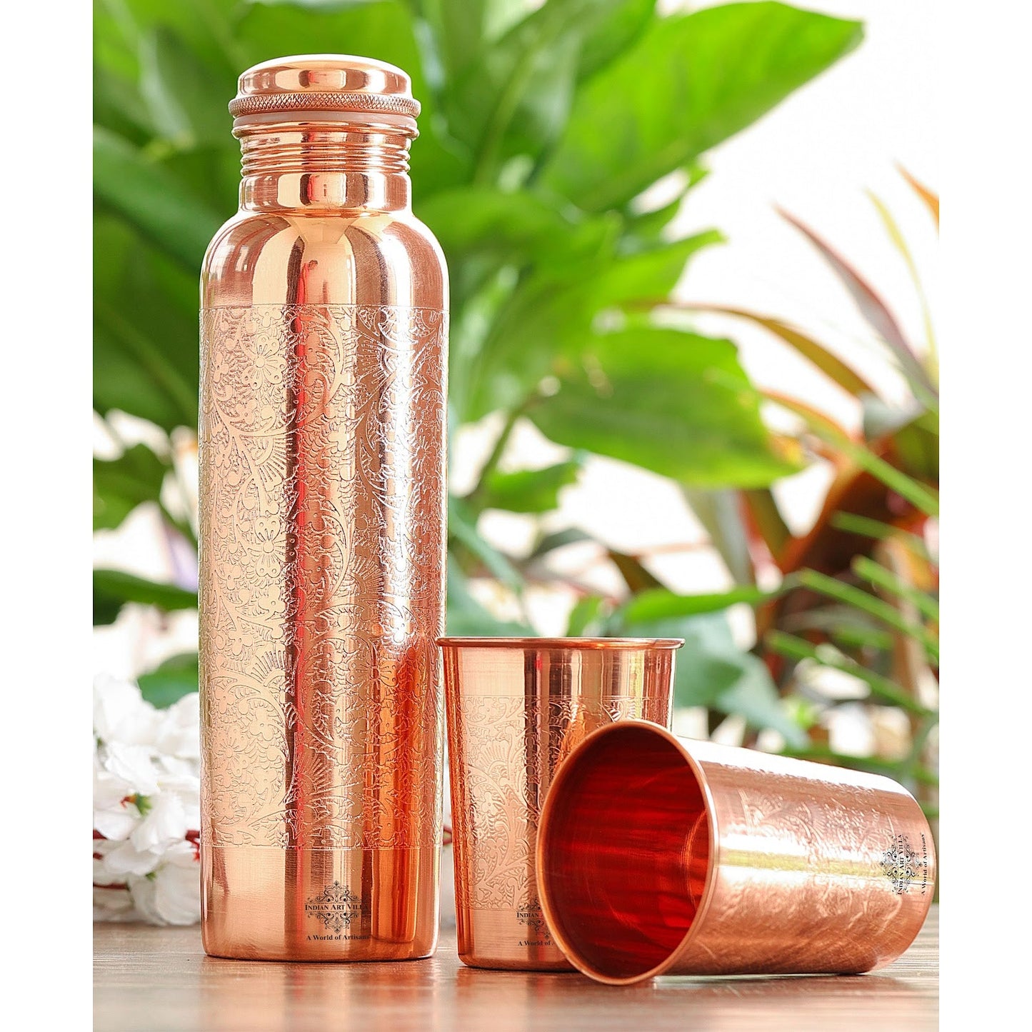 Pure Copper Embossed Leak Proof Water Bottle & Two Glasses with a Gift Box