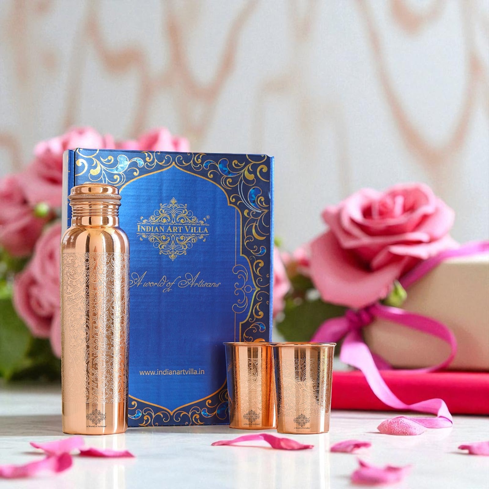 Pure Copper Embossed Leak Proof Water Bottle & Two Glasses with a Gift Box