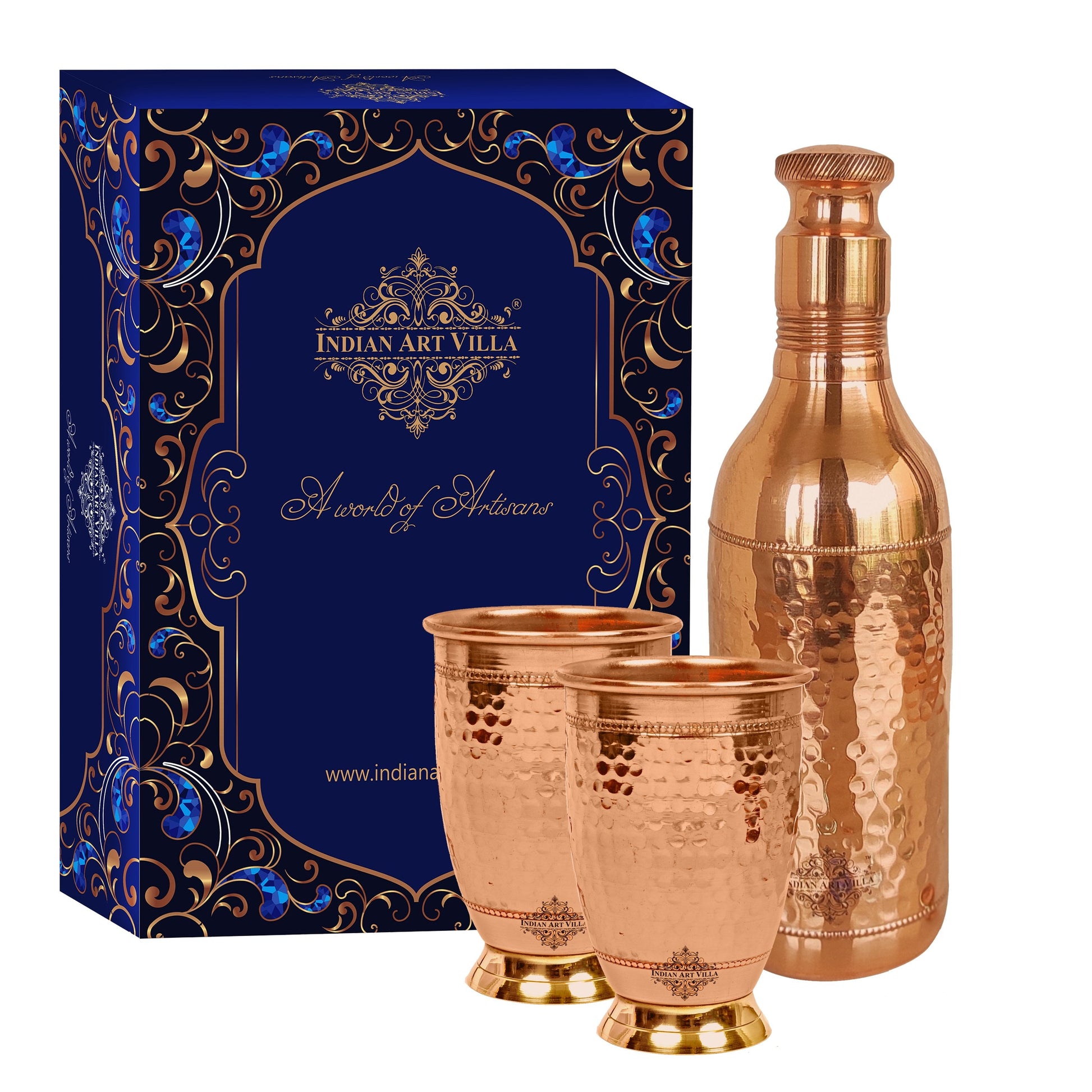 Pure Copper Hammered Leak Proof Cocktail Water Bottle & Two Glass