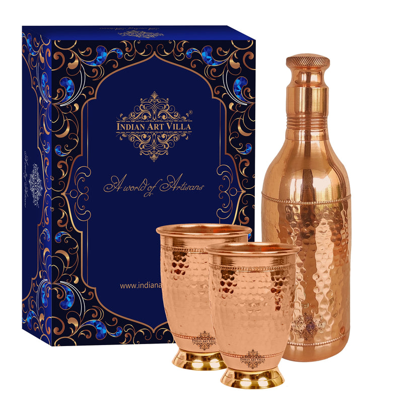 Pure Copper Hammered Leak Proof Cocktail Water Bottle & Two Glass