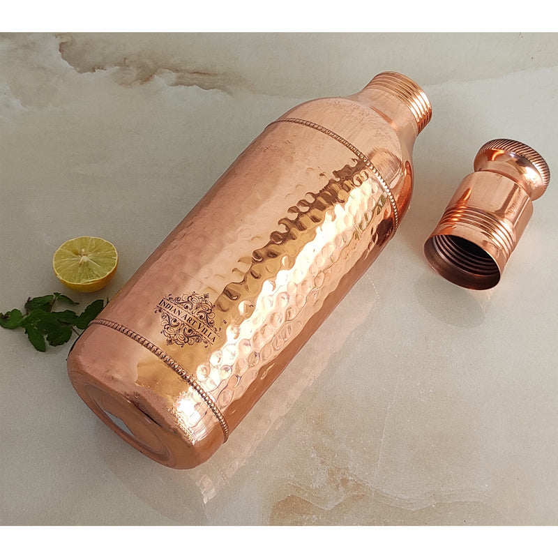 Pure Copper Hammered Leak Proof Cocktail Water Bottle & Two Glass