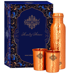 Pure Copper Hammered Design Drinkware Gift Set of  1 Bottle & 2 Glass