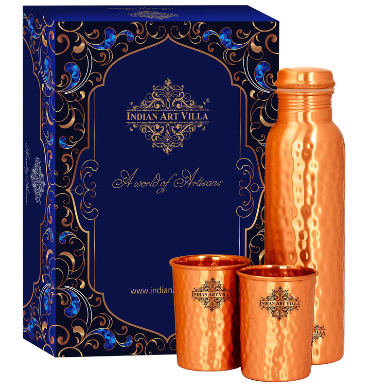 Pure Copper Hammered Design Drinkware Gift Set of  1 Bottle & 2 Glass