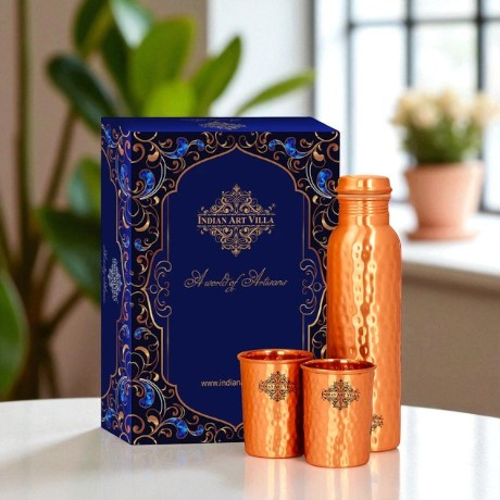 Pure Copper Hammered Design Drinkware Gift Set of  1 Bottle & 2 Glass
