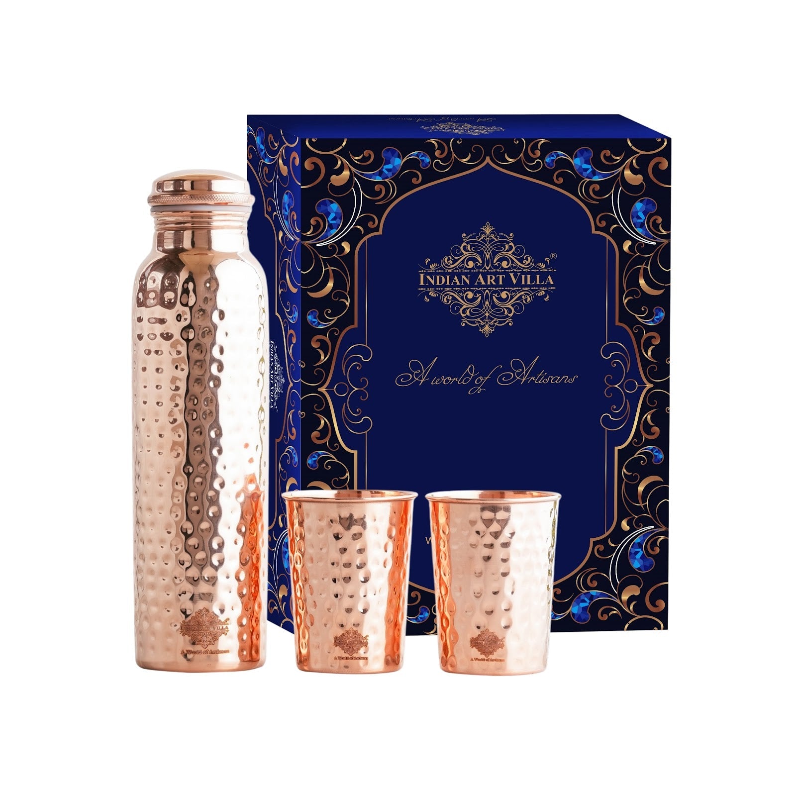 Pure Copper Hammered Leak Proof Water Bottle & Two Glass