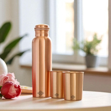 Pure Copper Matt Finish Lacquer Coated Water Bottle & 2 Glass