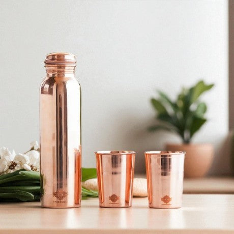 Set of Pure Copper Glossy Look Leak Proof Water Bottle & Two Glasses with a Gift Box, Drinkware