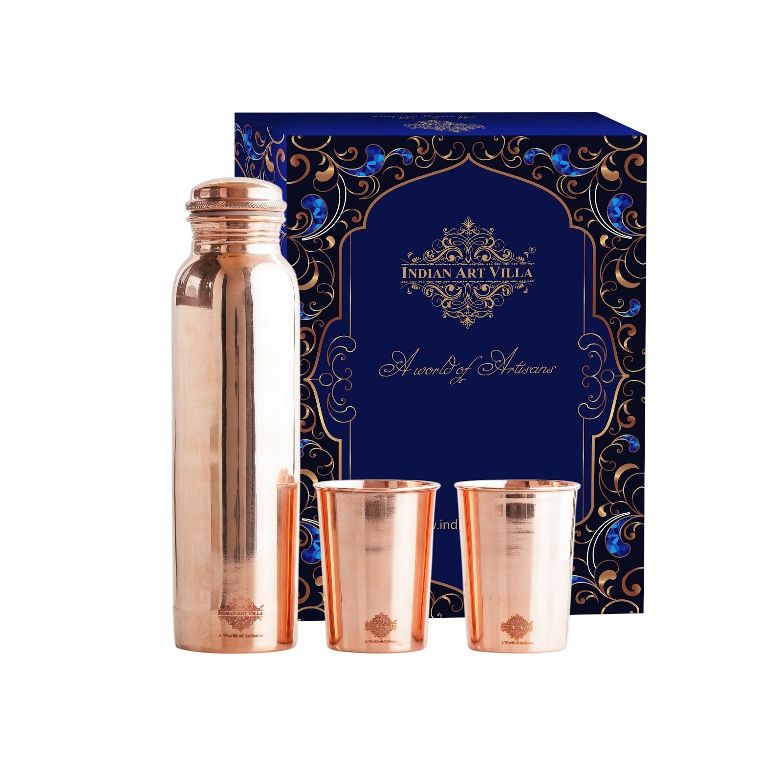 Set of Pure Copper Glossy Look Leak Proof Water Bottle & Two Glasses with a Gift Box, Drinkware
