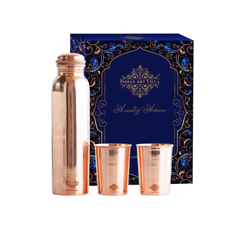Set of Pure Copper Glossy Look Leak Proof Water Bottle & Two Glasses with a Gift Box, Drinkware