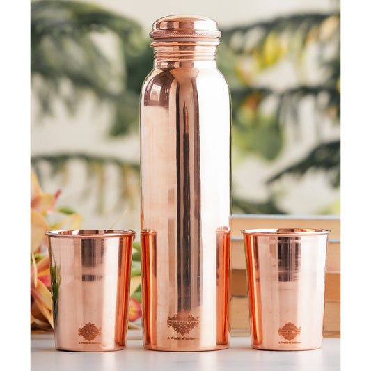 Set of Pure Copper Glossy Look Leak Proof Water Bottle & Two Glasses with a Gift Box, Drinkware