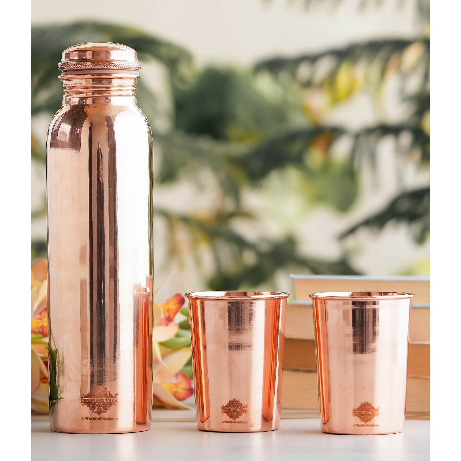 Set of Pure Copper Glossy Look Leak Proof Water Bottle & Two Glasses with a Gift Box, Drinkware