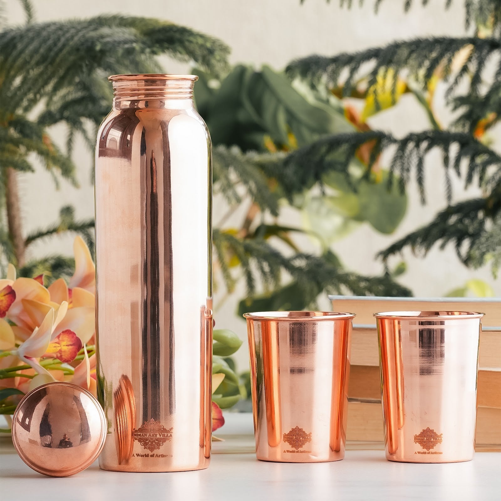 Set of Pure Copper Glossy Look Leak Proof Water Bottle & Two Glasses with a Gift Box, Drinkware