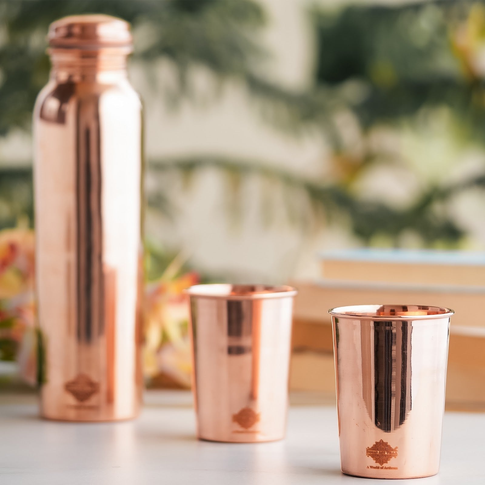Set of Pure Copper Glossy Look Leak Proof Water Bottle & Two Glasses with a Gift Box, Drinkware