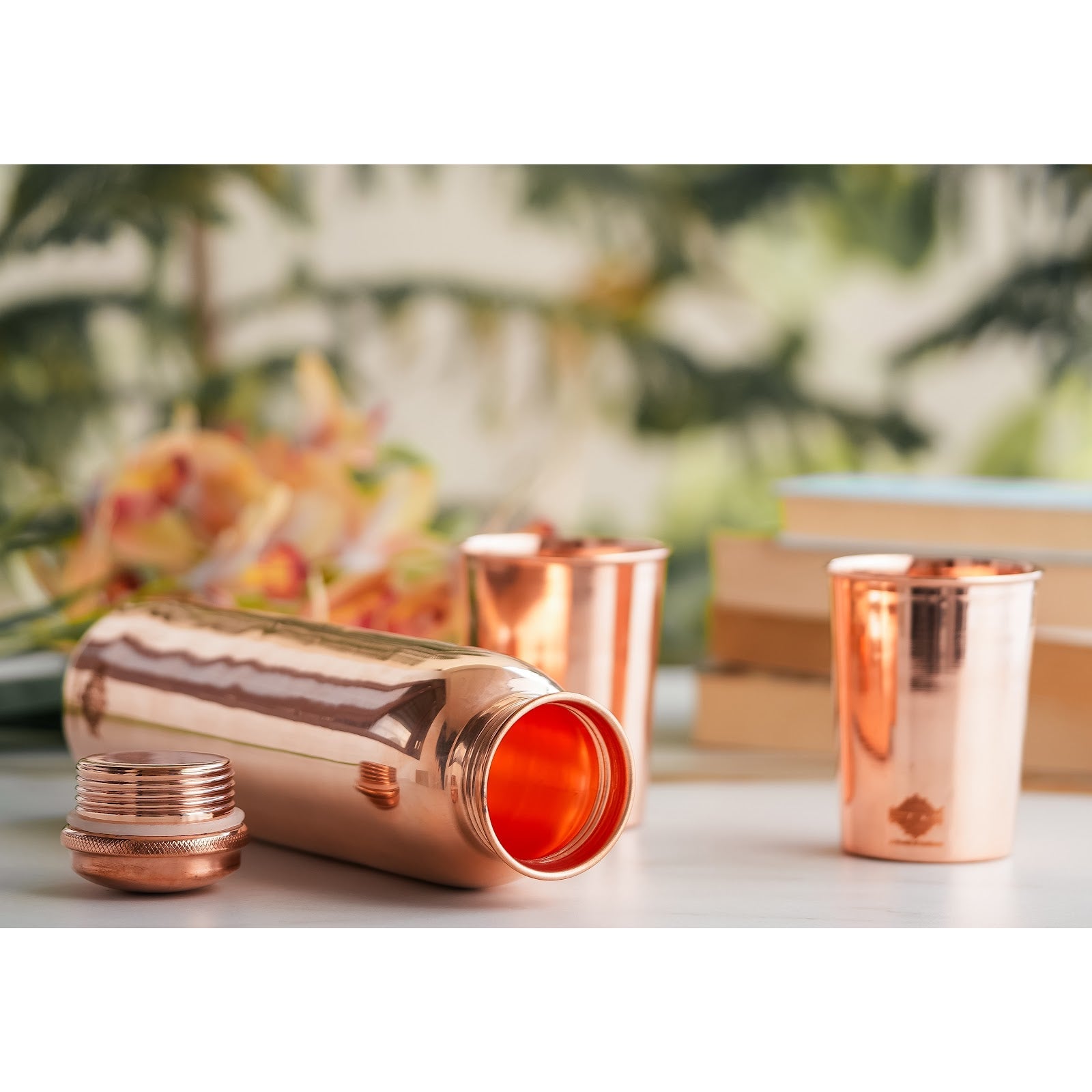 Set of Pure Copper Glossy Look Leak Proof Water Bottle & Two Glasses with a Gift Box, Drinkware