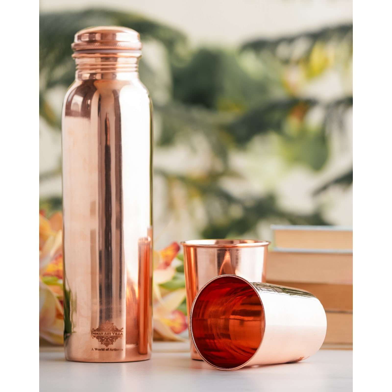 Set of Pure Copper Glossy Look Leak Proof Water Bottle & Two Glasses with a Gift Box, Drinkware
