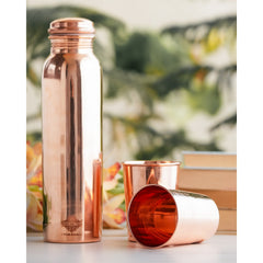 Set of Pure Copper Glossy Look Leak Proof Water Bottle & Two Glasses with a Gift Box, Drinkware