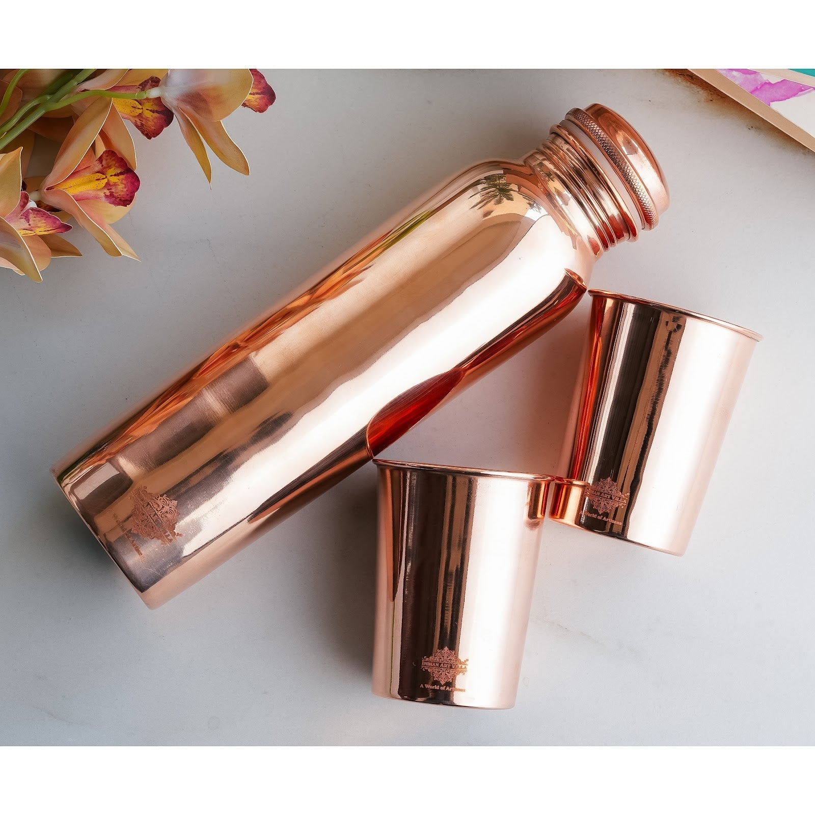 Set of Pure Copper Glossy Look Leak Proof Water Bottle & Two Glasses with a Gift Box, Drinkware