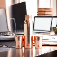 Set of Pure Copper Glossy Look Leak Proof Water Bottle & Two Glasses with a Gift Box, Drinkware