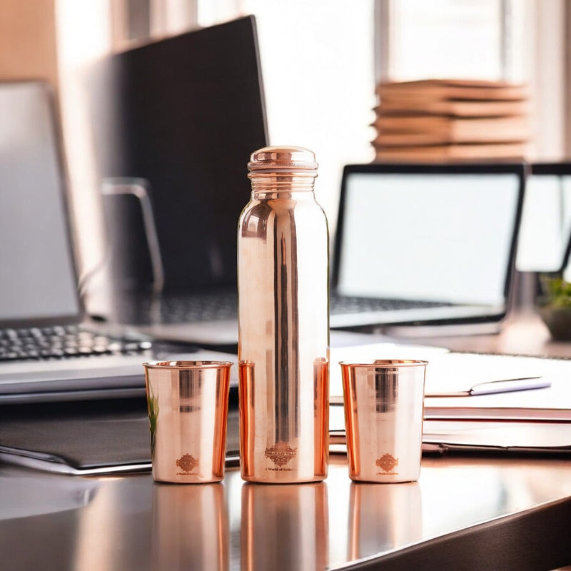 Set of Pure Copper Glossy Look Leak Proof Water Bottle & Two Glasses with a Gift Box, Drinkware