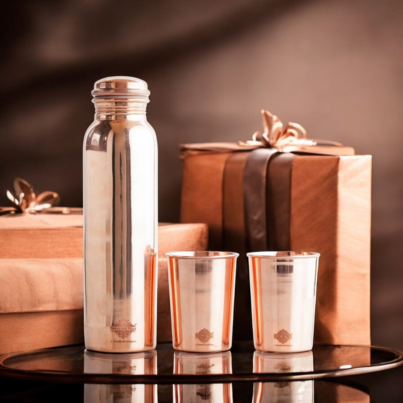 Set of Pure Copper Glossy Look Leak Proof Water Bottle & Two Glasses with a Gift Box, Drinkware