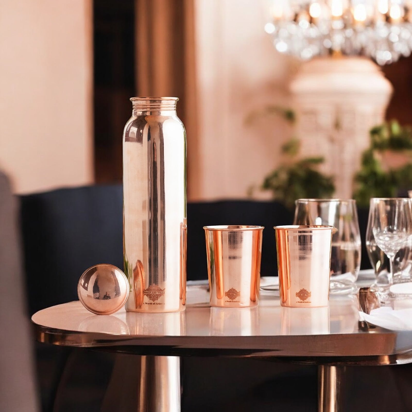 Set of Pure Copper Glossy Look Leak Proof Water Bottle & Two Glasses with a Gift Box, Drinkware