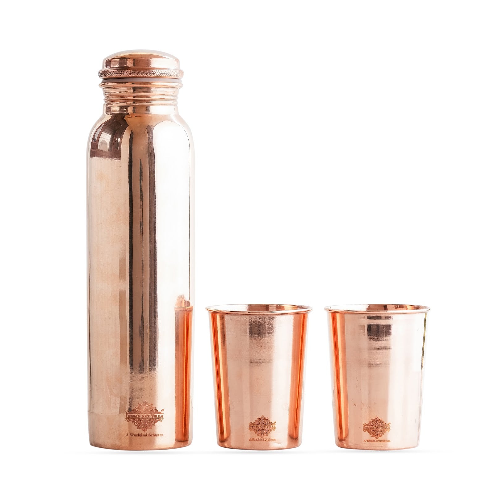 Set of Pure Copper Glossy Look Leak Proof Water Bottle & Two Glasses with a Gift Box, Drinkware