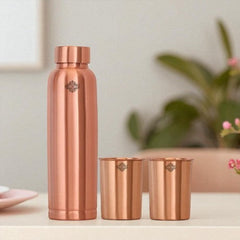 Set of Pure Copper Matt Finish Lacquer Coated  Water Bottle & 2 Glasses, Drinkware, Bottle : 900ml, Glass: 300ml