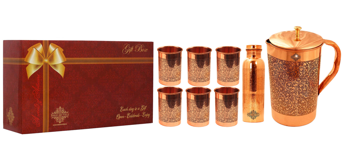 Set of Pure Copper Jug, Bottle with 6 glass | Gift Box | Embossed Design | Set of 8