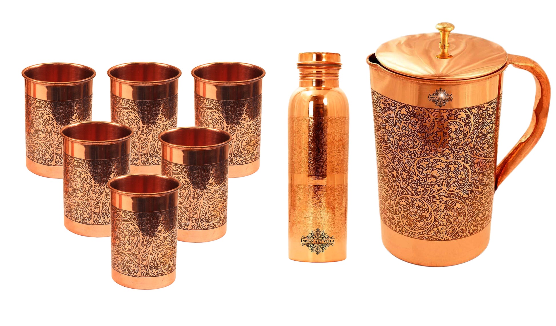 Set of Pure Copper Jug, Bottle with 6 glass | Gift Box | Embossed Design | Set of 8