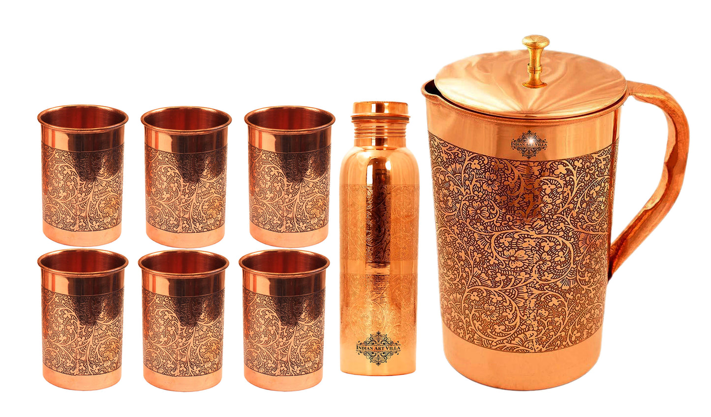Set of Pure Copper Jug, Bottle with 6 glass | Gift Box | Embossed Design | Set of 8