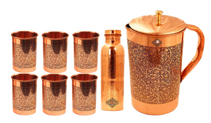 Set of Pure Copper Jug, Bottle with 6 glass | Gift Box | Embossed Design | Set of 8