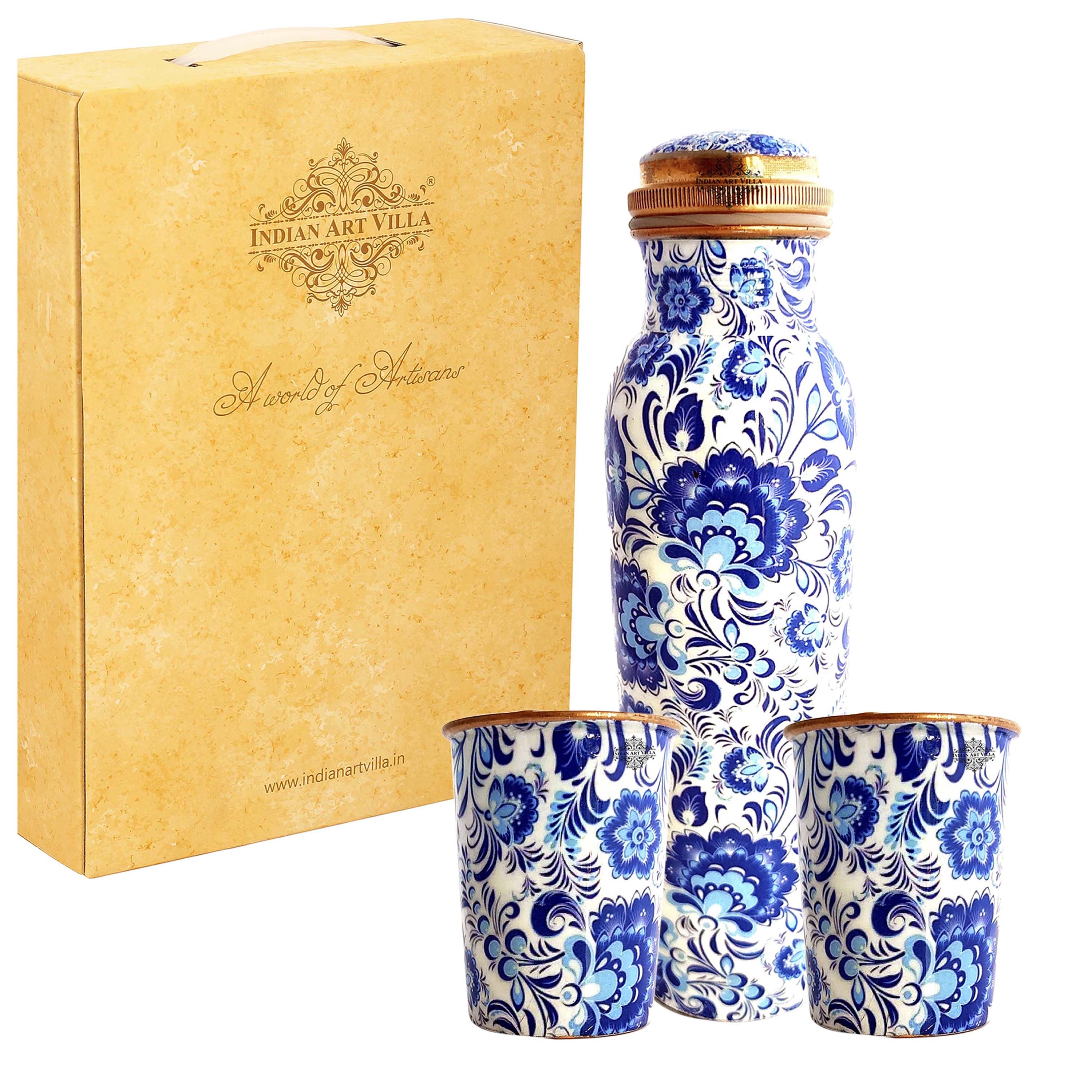 Pure Copper Bottle with Glasses | Floral Print | Bedroom Bottle