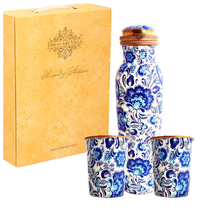 Pure Copper Bottle with Glasses | Floral Print | Bedroom Bottle