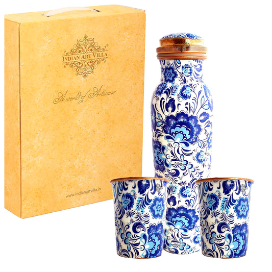 Pure Copper Bottle with Glasses | Floral Print | Bedroom Bottle