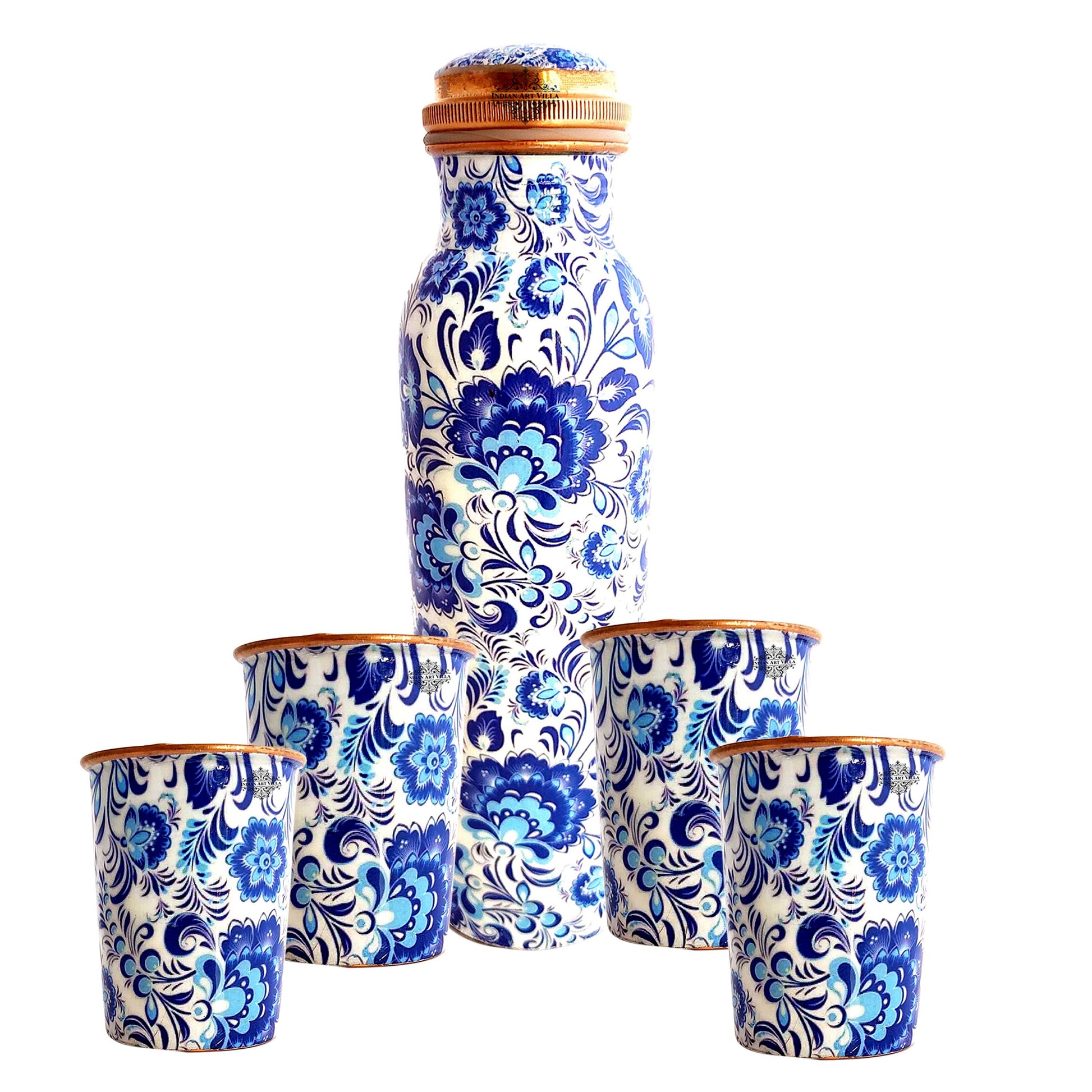 Pure Copper Bottle with Glasses | Floral Print | Bedroom Bottle