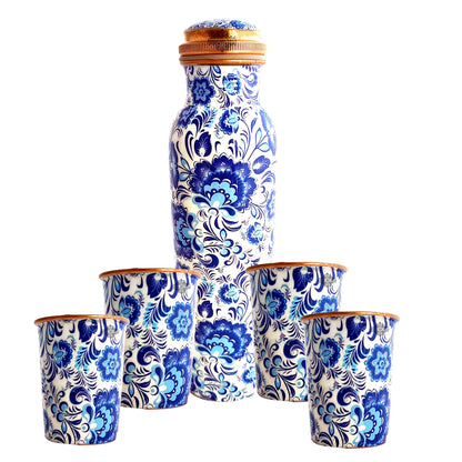 Pure Copper Bottle with Glasses | Floral Print | Bedroom Bottle