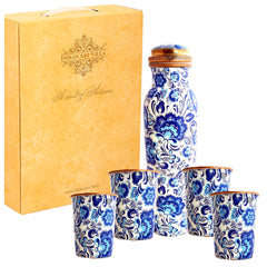 Pure Copper Bottle with Glasses | Floral Print | Bedroom Bottle