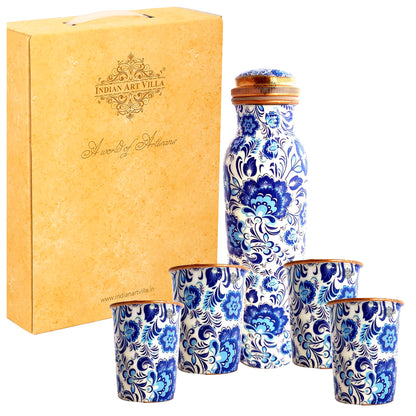 Pure Copper Bottle with Glasses | Floral Print | Bedroom Bottle