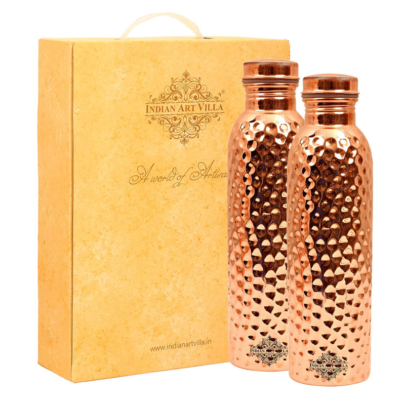 Pure Copper Bottle Set of 2, Hammered Design, Diwali Anniversary Party Christmas Gift Set Box