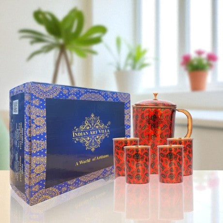 Pure Copper Jug with 2 Glass Gift Box Set, Designer Printed Pitcher, Red