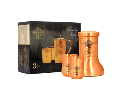 Pure Copper Hammered Design Smooth Bedroom Bottle with Glass