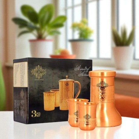 Pure Copper Hammered Design Smooth Bedroom Bottle with Glass