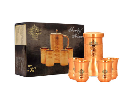 Pure Copper Hammered Design Smooth Bedroom Bottle with Glass