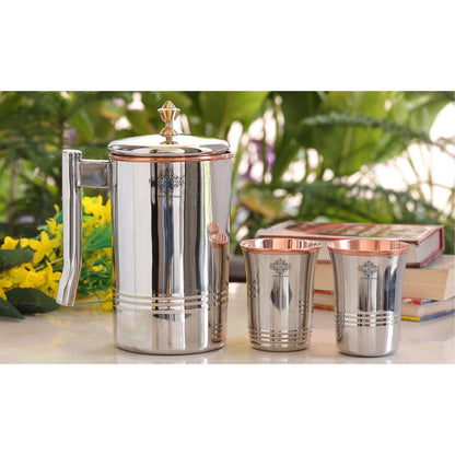 Steel Copper Drinkware Gift Set of Mirror Line Design 1 Jug & Glasses With Black Gift Box, Jug-1500 ml & Glass-300 ml