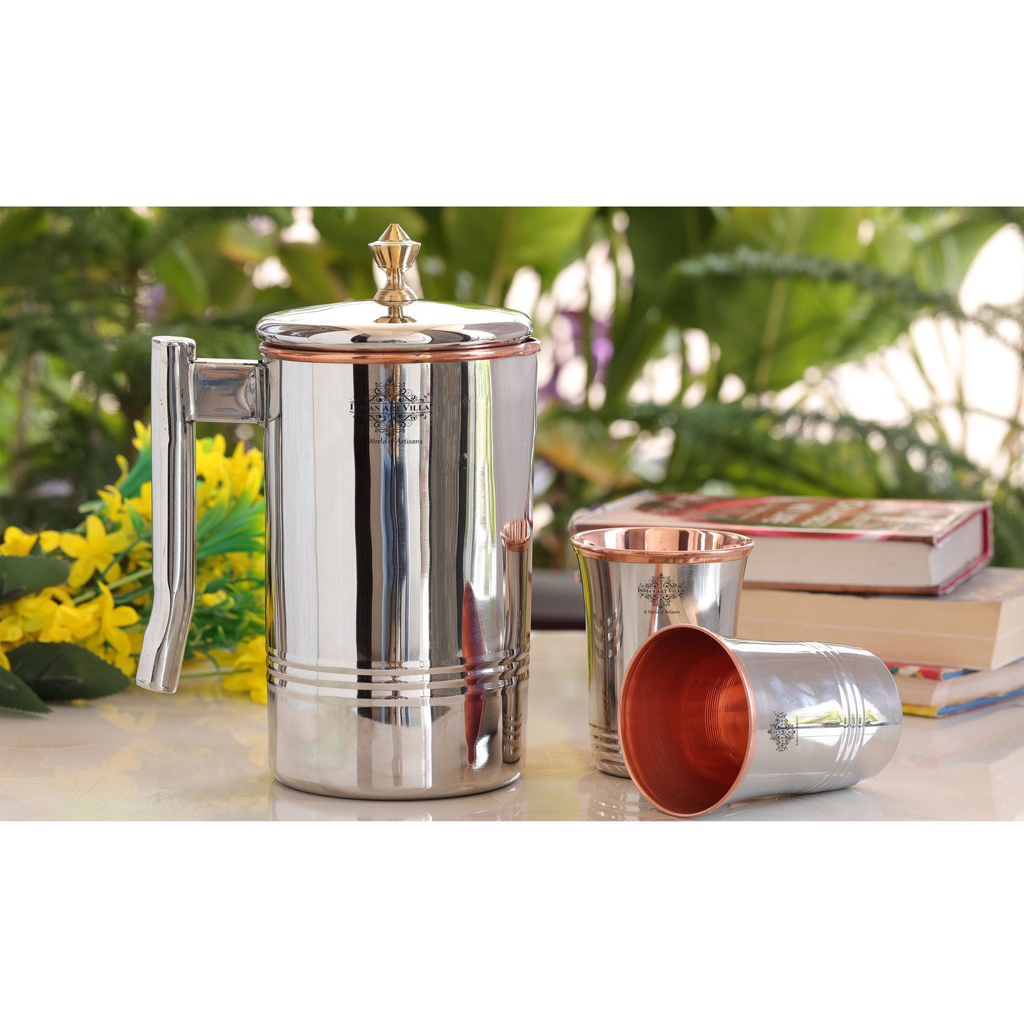 Steel Copper Drinkware Gift Set of Mirror Line Design 1 Jug & Glasses With Black Gift Box, Jug-1500 ml & Glass-300 ml