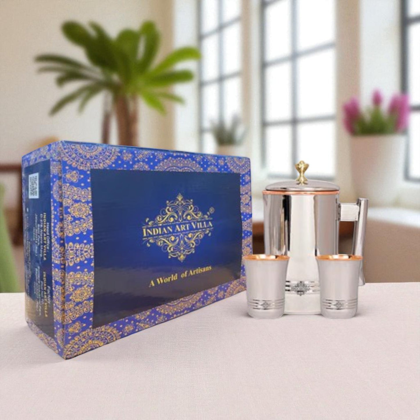 Steel Copper Drinkware Gift Set of Mirror Line Design 1 Jug & Glasses With Black Gift Box, Jug-1500 ml & Glass-300 ml