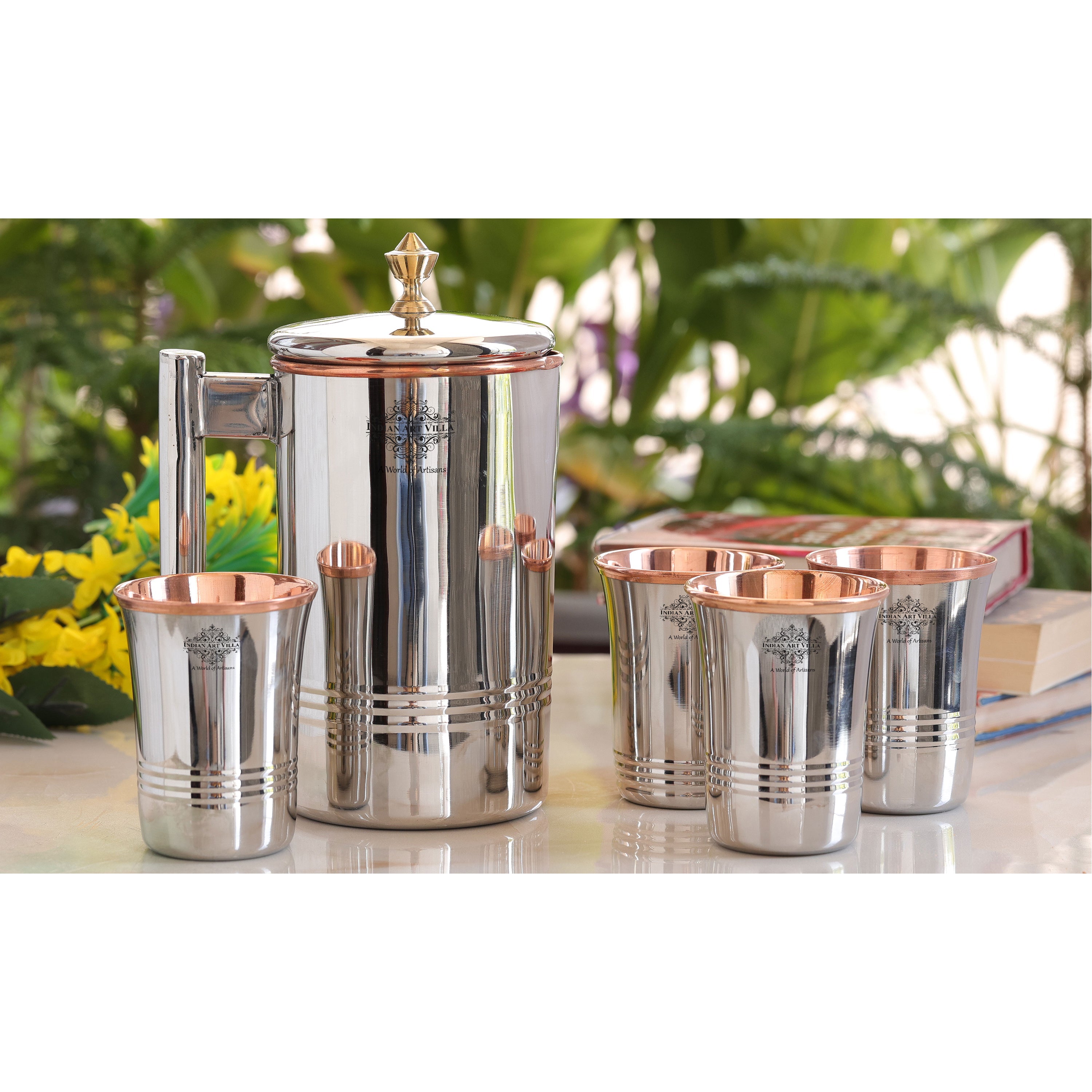 Steel Copper Drinkware Gift Set of Mirror Line Design 1 Jug & Glasses With Black Gift Box, Jug-1500 ml & Glass-300 ml
