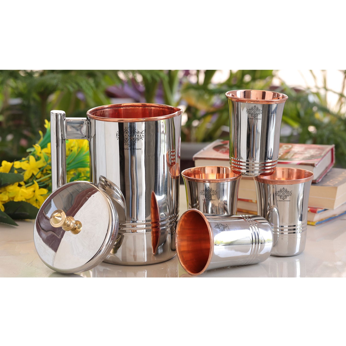 Steel Copper Drinkware Gift Set of Mirror Line Design 1 Jug & Glasses With Black Gift Box, Jug-1500 ml & Glass-300 ml
